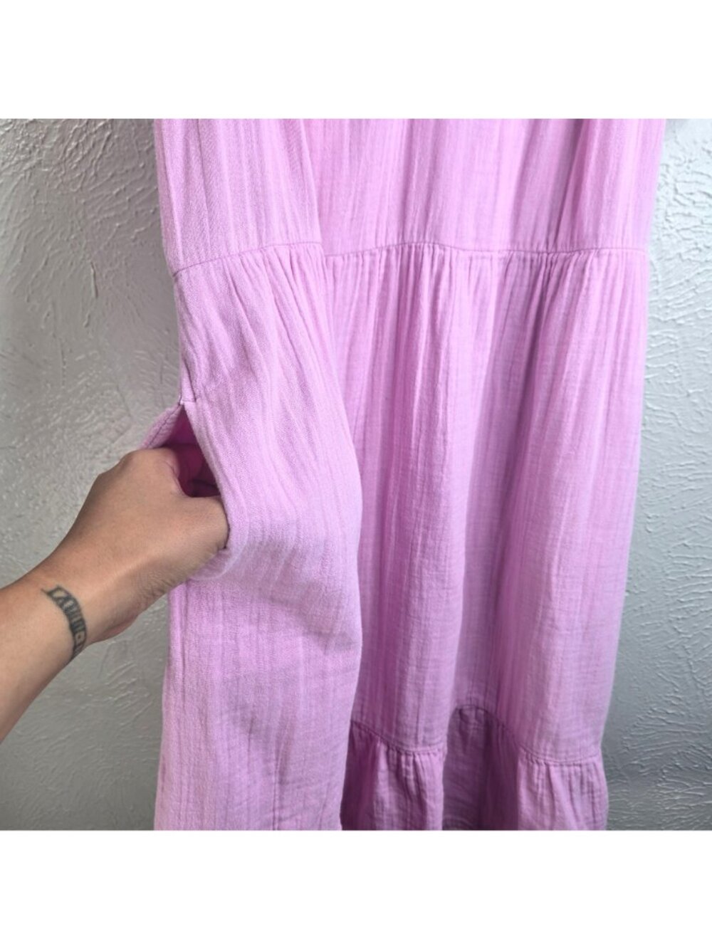 Pact Organic Cotton Gauze Mini Dress Purple Lilac Tiered Pocket Coastal Summer L - Picture 7 of 11